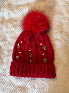 Kids Red Knit Pom-Pom Beanie with Festive Charms